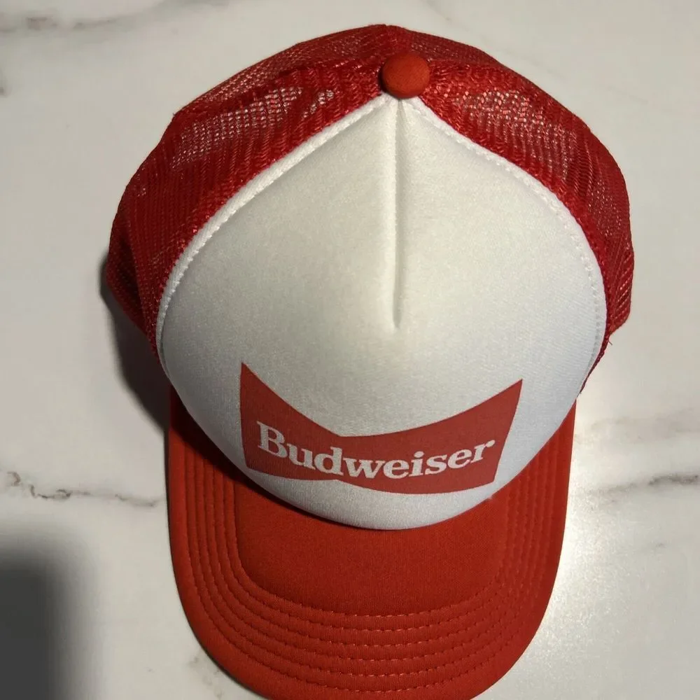 NEW VINTAGE‎ BUDWEISER RED BEER CAP HAT 5 PANEL HIGH CROWN TRUCKER SNAPBACK NWOT